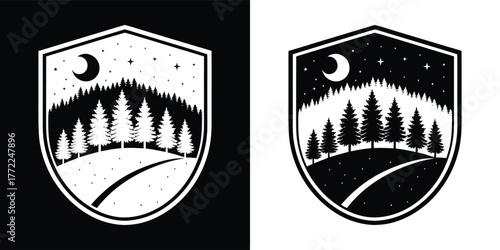 Retro crest emblem featuring a dense forest of pine trees under a starry night sky with a crescent moon, presented on dark and white backgrounds