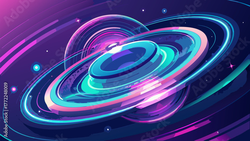 Abstract Nebula with Rotating Rings in Cosmic Scene Vector Illustration. Futuristic Space Art Design, Nebula Galaxy with Rings and Stars.