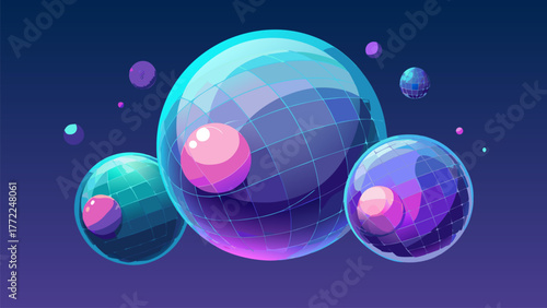 Translucent Spheres with Grid Patterns and Floating Orbs Vector Graphic. Futuristic Decorative Orbs with Grids Abstract Sphere Composition.