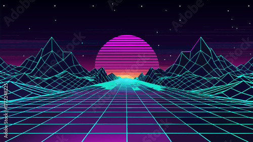 Retro Futuristic Landscape with Grid and Mountains Vector Illustration. Style Neon Scenery Grid Landscape, Mountains and Sun Design.