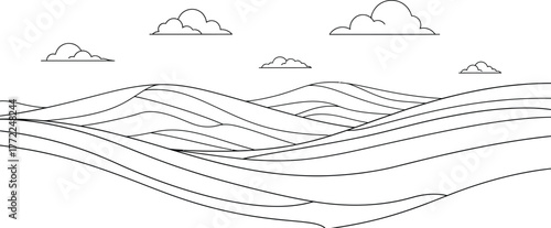 Landscape hills clouds sky nature abstract vector background line art calm