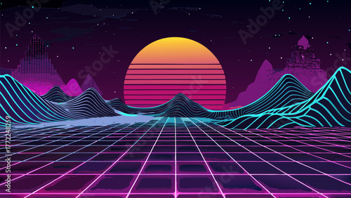 Cyberpunk Landscape with Neon Grid and Sun Vector Illustration. Style Synthwave Scenery Neon Grid Landscape and Rising Sun Design.