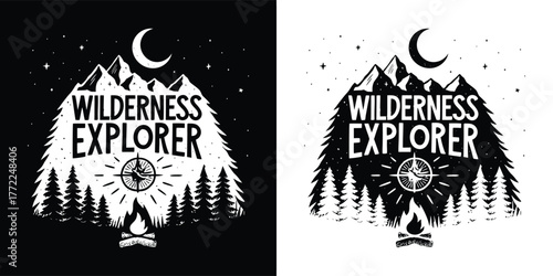 Vintage wilderness explorer emblem with mountains, trees, campfire, and compass, in black and white