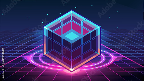 Isometric Cube Digital Art Neon Glowing Illustration. Cyberpunk Geometric Shape Sci-Fi. Futuristic Grids Perspective Design Technology.