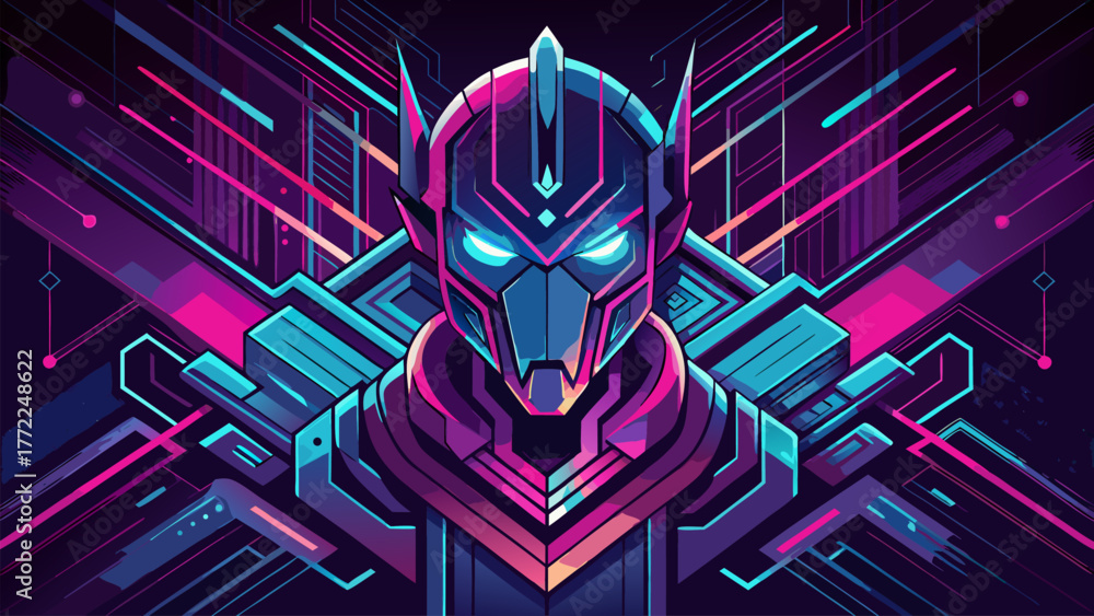 Retro Cyborg Portrait Illustration. Futuristic Glowing Cyborg Design Concept. Cyberpunk Warrior Face, Neon Mask Synthwave Character.