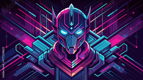 Retro Cyborg Portrait Illustration. Futuristic Glowing Cyborg Design Concept. Cyberpunk Warrior Face, Neon Mask Synthwave Character.