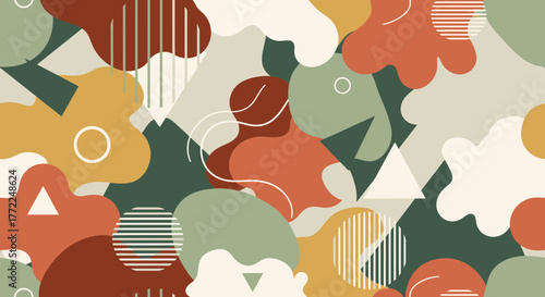 Vibrant abstract pattern with organic shapes and geometric elements in a warm, earthy color palette perfect for modern design applications