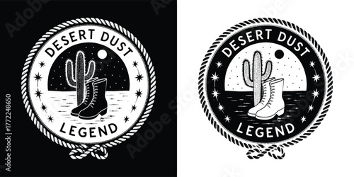 Desert dust legend emblem with cactus and cowboy boot, vintage distressed graphic design for tshirt print