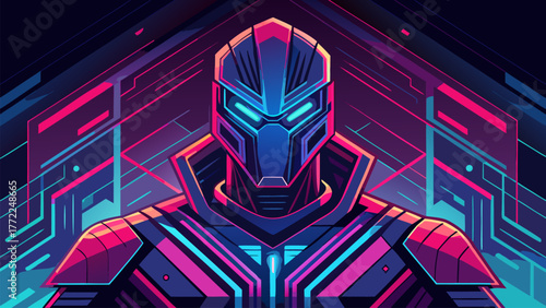 Retro Cybernetic Illustration. Avatar Futuristic Character Concept. Neon Mask Synthwave Design, Cyberpunk Portrait Face Technology.