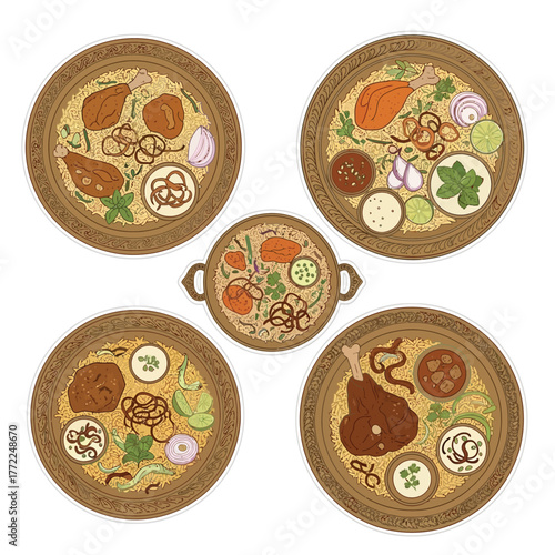 Illustration showcasing various plates of biryani, a flavorful rice and meat dish.