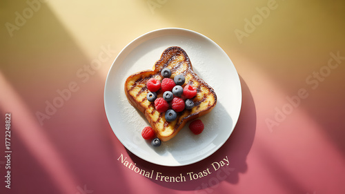 A plate of French toast topped with fresh berries, presented on a colorful background for National French Toast Day.