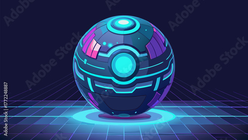 Futuristic Orb Technology Ball Neon Glow Sphere. Electronic Design Vector Illustration. Abstract Round Object Advanced Innovation Concept, Digital Element Artwork.