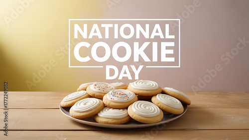 A plate of frosted sugar cookies displayed on a wooden table with 'National Cookie Day' text overlay