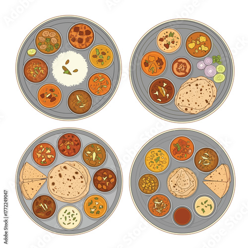 Four illustrated plates showcasing various Indian cuisine dishes, arranged neatly.