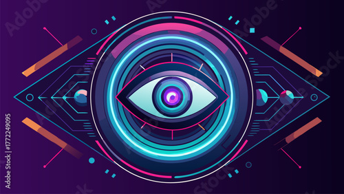 Abstract Eye Shape Graphic Cyberpunk Vision Optical Art Illustration. Futuristic Concept Surveillance System Artificial Intelligence Design.