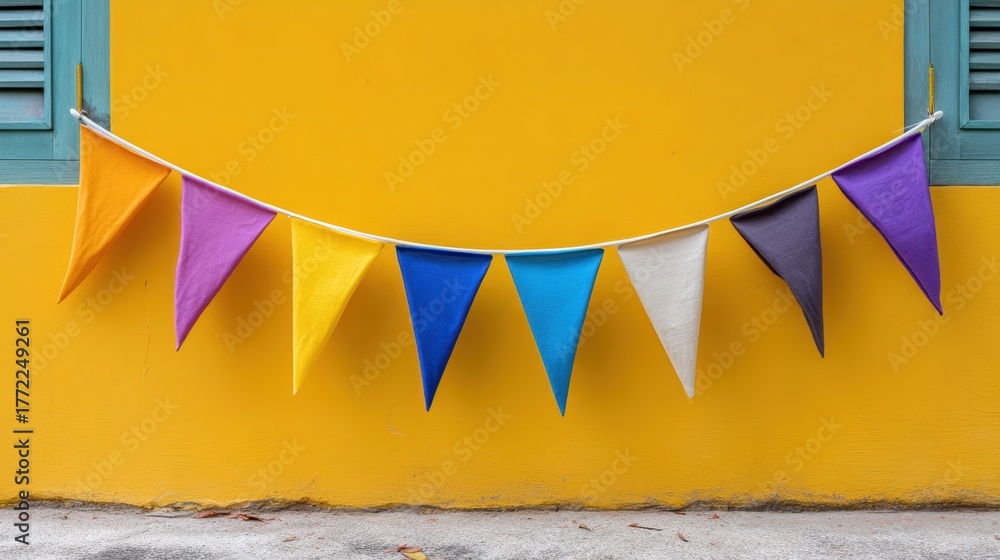 Fototapeta premium Colorful bunting flags strung horizontally across a bright yellow wall with empty space beneath them