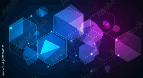 Dynamic interconnected network of glowing geometric shapes representing data flow and digital connections, perfect for technology and innovation themes.