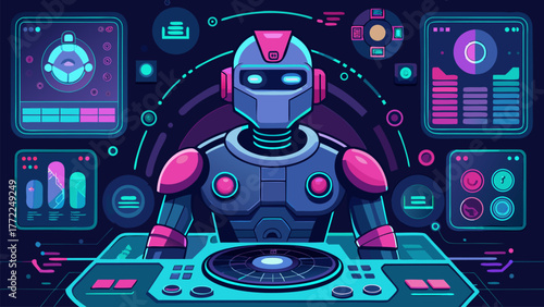 Futuristic Robot DJ with Digital Interface Synthwave Style. Machine Automation Artificial Intelligence. Synth Electronic Neon Illustration, Vaporwave Controller Interface.