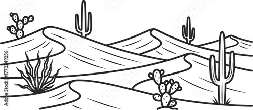 Desert landscape sand dunes cactus arid nature outline drawing southwest dry