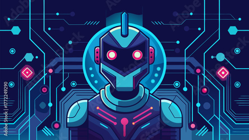 Modern Cybernetic Robot Face Artificial Intelligence. Engineering Automation Futuristic Electronic Circuit System, Connection Network Illustration, Technology Avatar Portrait.