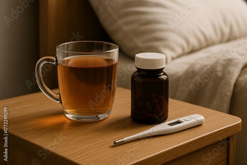 On the nightstand there is a mug of tea, a bottle of medicine, and a digital medical thermometer
