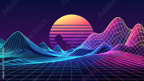 Abstract Wireframe Landscape Synthwave Illustration. Grid Wave Gradient Color Geometric Background. Futuristic Synth Electronic Vaporwave Style.