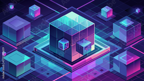 Isometric Blockchain Technology Cube Grid Connection. Abstract Network Futuristic Digital Cryptocurrency System. Modern Business Data Server Architecture.