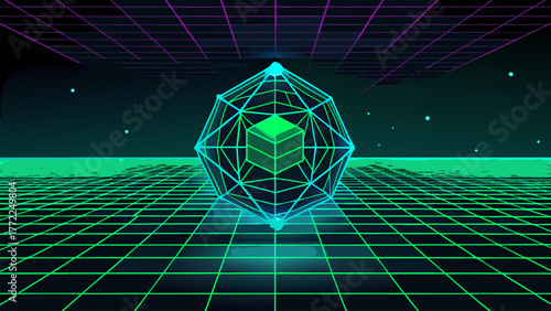 3D Geometric Cube Wireframe Abstract Technology Futuristic Grid Landscape Cyber Surface Illustration Vector.