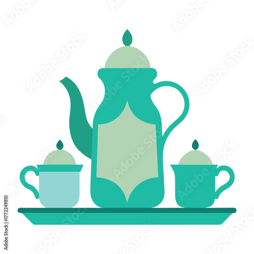 Maghrebi Mint Tea Glasses and Teapot on Ornate Tray Flat Vector Illustration