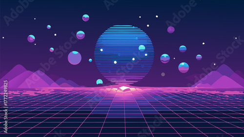 Abstract Geometric Landscape Background Illustration. Planet Space Digital Landscape Shape. Planet Space Sun Vector.