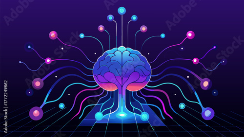 Brain Digital Technology Background Illustration. Brain Nodes Neural Network Connection Machine Learning AI Vector.