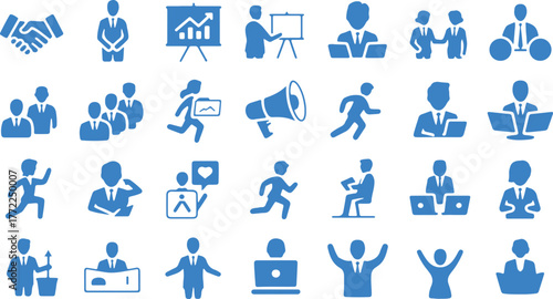 Business People Icon Set, Management and Success Silhouettes, Marketing Finance Presentation Partnership Collaboration Vector Illustration
