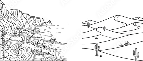 Coastline desert waves ocean cliffs sand dunes cactus nature landscape lineart
