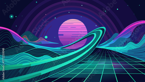 Cyberpunk Landscape Vector Illustration with Neon Futuristic Environment. Synthwave Style Retro Vaporwave Background. Abstract Scenery with Grid Platform.