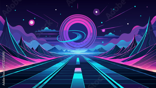 Futuristic Landscape Vector Illustration with Neon Retro Synthwave Style Vaporwave Background. Abstract Environment with Road to Horizon Future Design.
