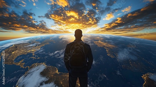 Wallpaper Mural Person gazes at sunrise over Earth from a high vantage point in a serene, expansive landscape Torontodigital.ca