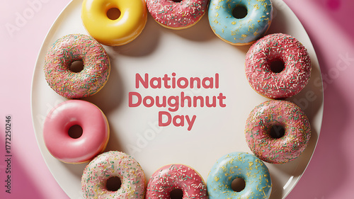 Colorful doughnuts arranged in a circle on a plate with 'National Doughnut Day' text
