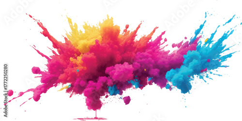 Colorful paint explosion vibrant powder splash abstract design element for Holi festival or creative projects isolated on white background