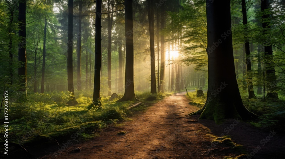 Obraz premium Sunlight breaks through the forest canopy, illuminating a path with golden rays in a serene woodland setting during early morning