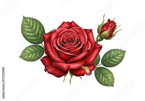 Red Rose with Bud PNG Clip Art - Transparent Realistic Vector Flower Illustration