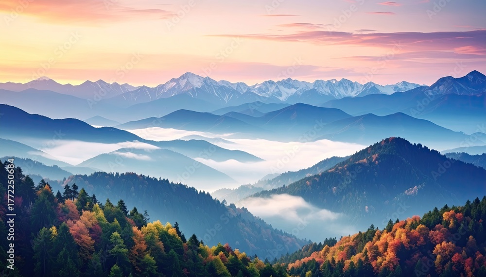Fototapeta premium Misty mountain range at sunrise, autumn foliage