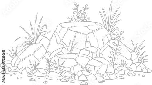 Rocks stones boulders pebbles plants grass nature garden zen landscape outline art