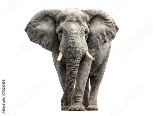 African elephant isolated on transparent background, large wild animal, wildlife conservation, safari mammal, detailed texture, front view, realistic cutout for design and print