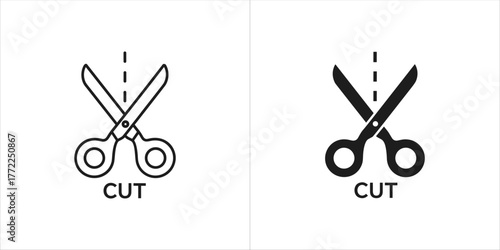 Scissors with cut line icon, vector illustration