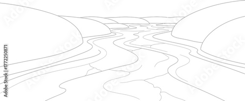 River landscape hills nature water stream valley winding scenic outdoors travel art