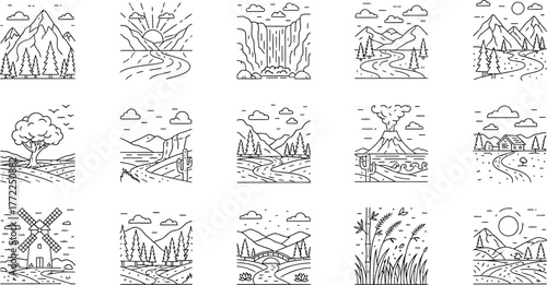 Landscape nature mountain tree river sun waterfall windmill bridge volcano farm