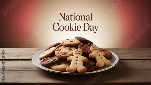 A plate of assorted cookies including gingerbread men and chocolate chip cookies on a wooden table, celebrating National Cookie Day.