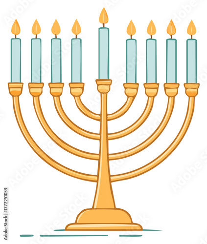 Menorah with Burning Candles Illustration. Traditional Jewish Holiday Hanukkah Celebration Design Element.