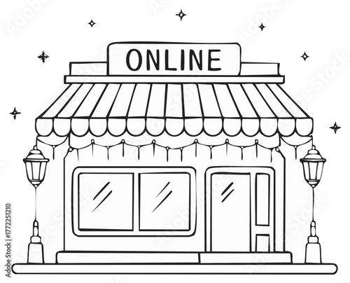 Whimsical storefront with the word ONLINE above a striped awning and decorative lights