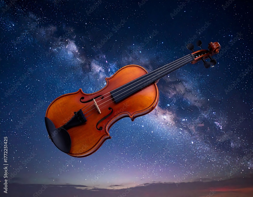 Fototapeta premium A classical violin levitates against the backdrop of a vibrant, star-filled night sky